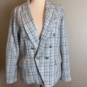Size 10 - L'Agence Kenzie Double Breasted Plaid Blazer in Light Blue Tweed
